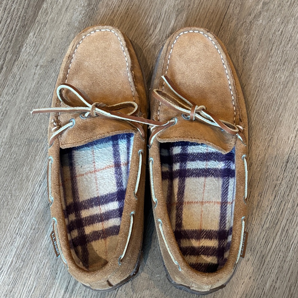 L.L. Bean Tan Suede Moccasin Slip-On Loafers Plaid Flannel Lining
